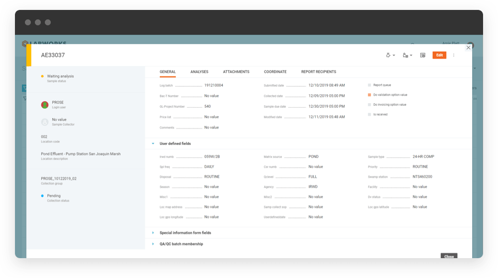 screenshot of LABWORKS LIMS